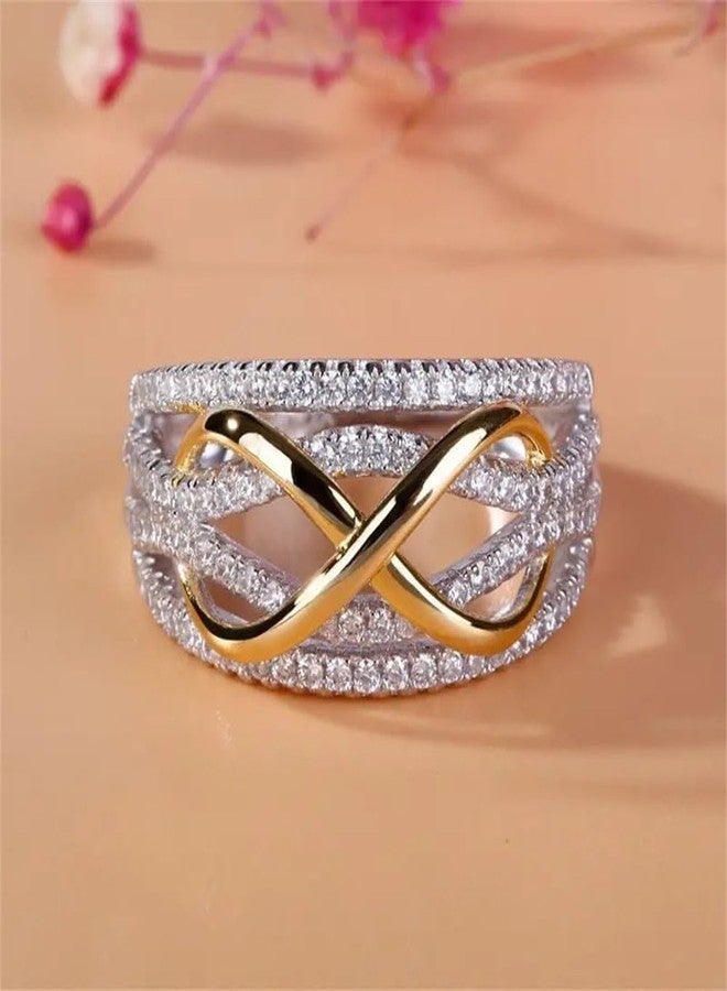 AZQ 925 Sterling Silver Shiny Full Diamond Gemstone Ring 18K Gold Cross Cubic Zirconia Promise Rings CZ Multi Row Diamond Cocktail Rings Eternity Engagement Wedding Band Ring for Women A.15 (US Code 12) - Image 2